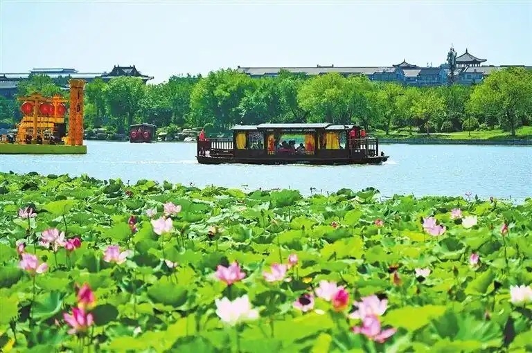 Du khách đi thuyền trên hồ Long Đình ở thành phố Khai Phong, tỉnh Hà Nam ngắm cảnh và thưởng sen ngày 2/8 (Ảnh: CCTV News)