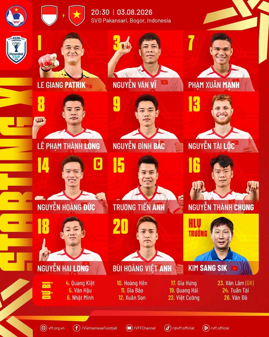 Danh sách ĐT Việt Nam đá chính trong chuyến làm khách tới sân Pakansari của Indonesia trong khuôn khổ bảng A ASEAN Cup 2026 (Ảnh: VFF)
