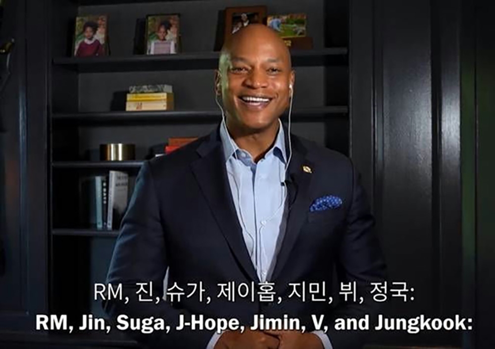 Thống đốc Wes Moore trong video đăng tải trên mạng xã hội chào mừng nhóm BTS đến Baltimore. (Ảnh: Yonhap)