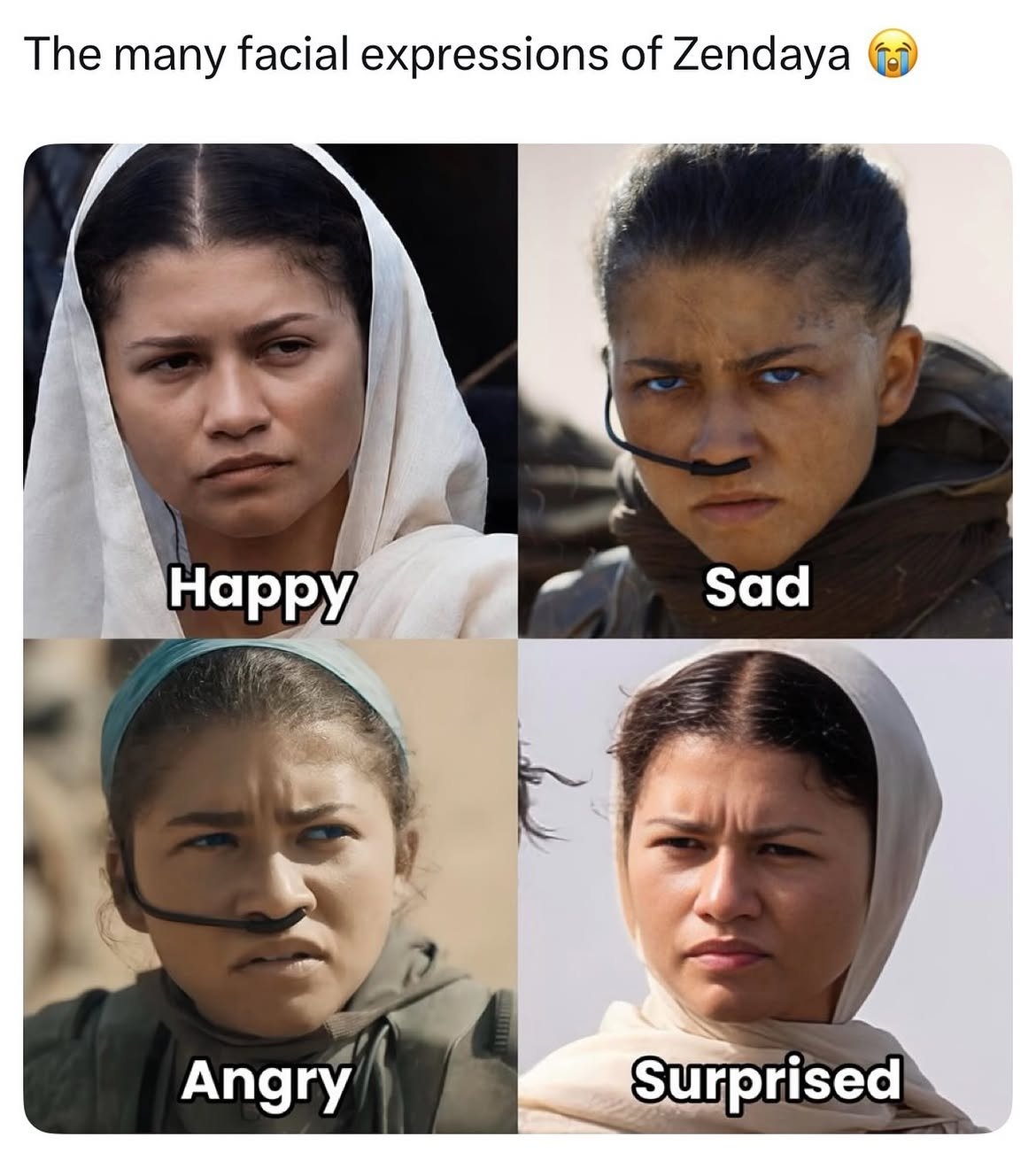 "Phạm vi diễn xuất đa dạng" của Zendaya khi vui, khi buồn, lúc giận, lúc bất ngờ.