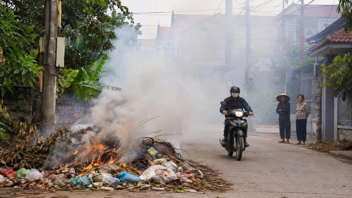 Đốt rác tự phát khiến khói bụi lan rộng, ảnh hưởng trực tiếp đến môi trường sống (Ảnh minh họa: ChatGPT)