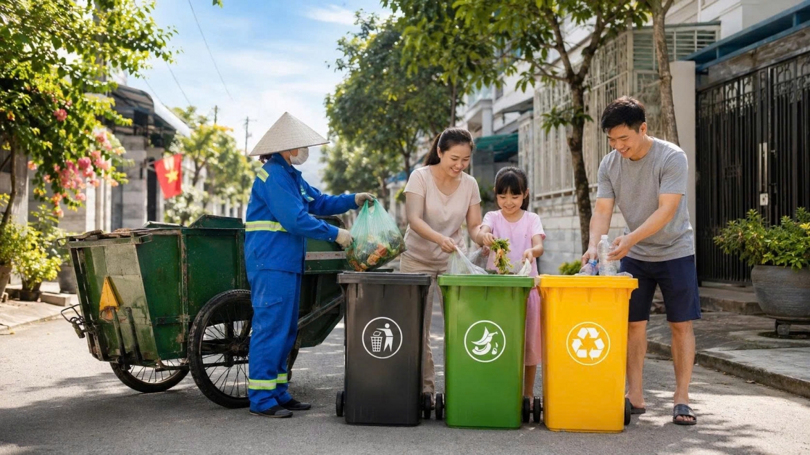 Phân loại, thu gom rác đúng cách góp phần giảm phát thải và giữ không khí trong lành (Ảnh minh họa: ChatGPT)