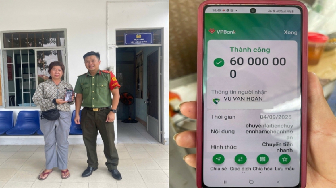 Cán bộ Công an phường Phú Thuỷ tiếp nhận và hướng dẫn chị Tâm chuyển trả số tiền cho người đã chuyển nhầm. Ảnh: CALĐ