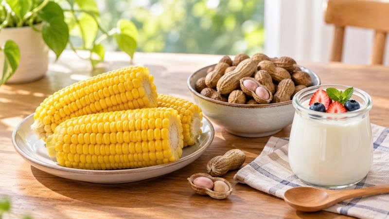  Bắp, đậu phộng luộc và sữa chua là những thực phẩm quen thuộc, dễ chuẩn bị cho bữa sáng