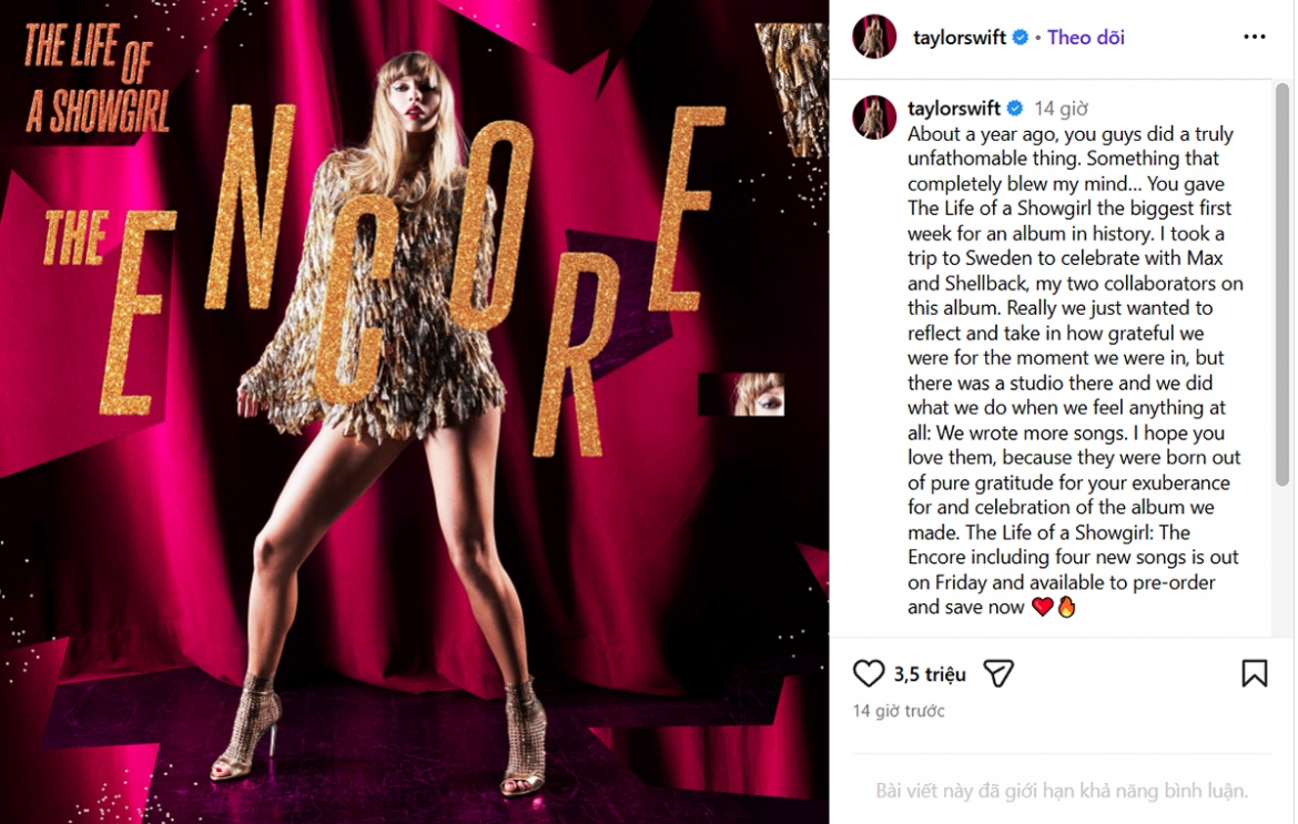 Taylor Swift chia sẻ trên trang Instagram cá nhân.