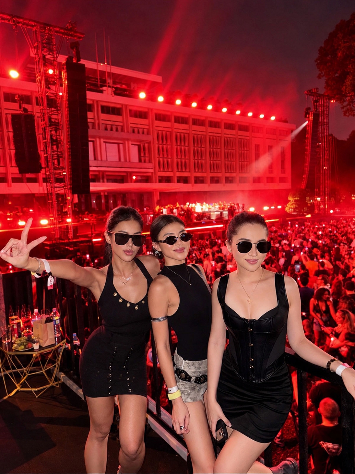 Rich kid Tiên Nguyễn (trái) cùng hot girl Marie Trâm Anh (phải) - bạn gái doanh nhân William Hiếu Nguyễn, em trai Tiên Nguyễn - mặc xiêm y gợi cảm tới dự nhạc hội điện tử.